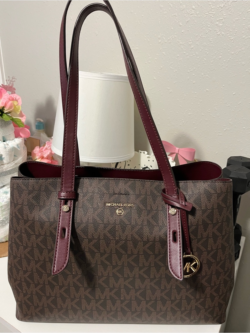 Michael Kors Brown Logo Tote with Burgundy Trim